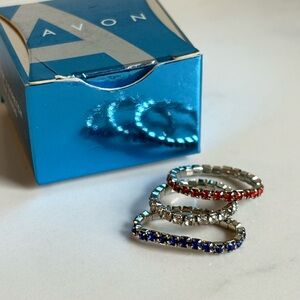 Vintage Avon Eternal Rhinestone Stretchy Toe Ring Set NIB | Blue Red and Silver